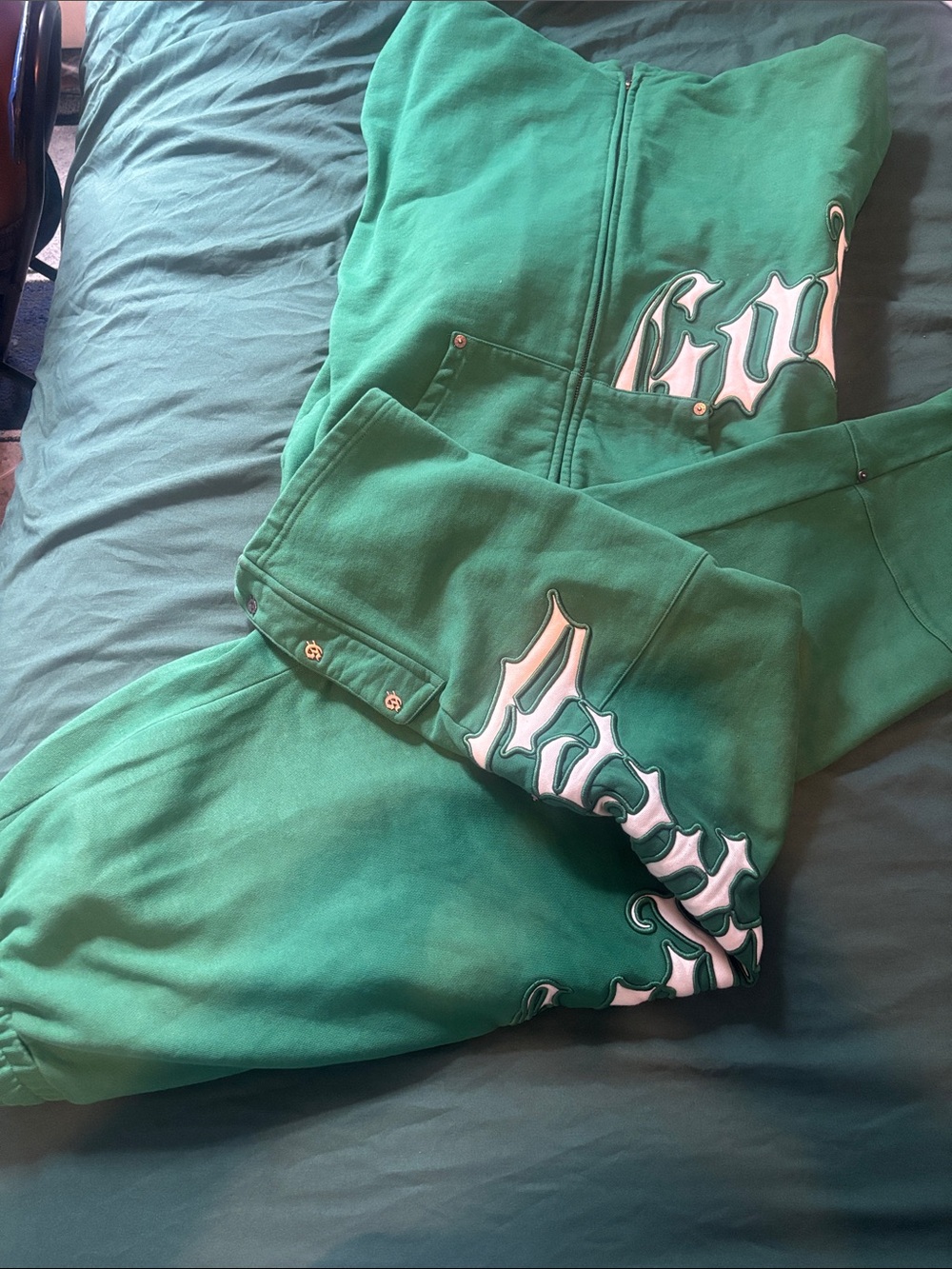 Green Men's Zip Hoodie with Graphic Script